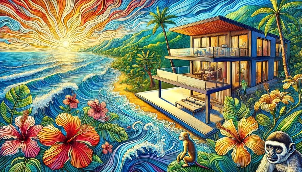 Illustration of a luxury home on the beach in Costa Rica that can be financed by BAC San Jose bank. In the background is a sunset. In the foreground are hibiscus flowers and a white faced monkey.