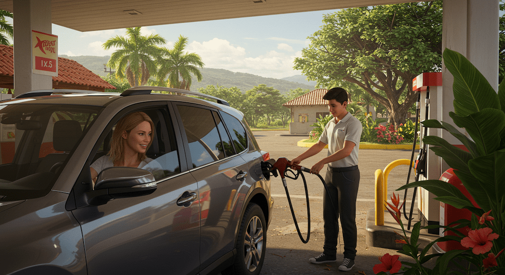 Woman purchasing gasoline in Costa Rica